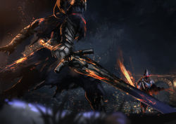 Rule 34 | 2boys, absurdres, abyss watcher, armor, artorias the abysswalker, battle, blue capelet, blurry, blurry foreground, cape, capelet, commentary, dagger, dark, dark souls (series), dark souls i, dark souls iii, dual wielding, duel, embers, feet out of frame, fighting stance, flaming sword, flaming weapon, full armor, gauntlets, glowing, glowing eyes, greatsword, greaves, helmet, highres, holding, holding dagger, holding knife, holding sword, holding weapon, hood, hood up, knife, knight, light trail, looking at another, male focus, multiple boys, plume, red cape, red eyes, standing, sword, weapon, yueqin (monnpiano)