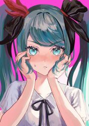 Rule 34 | 1girl, absurdres, blue eyes, blue hair, blush, bow, collared shirt, feather hair ornament, feathers, frown, hair bow, hair ornament, hands on own cheeks, hands on own face, hatsune miku, highres, long hair, looking at viewer, neck ribbon, nemari (user wtca7244), nose blush, pink background, project diva (series), ribbon, shirt, short sleeves, simple background, solo, straight-on, supreme (module), sweat, thick eyebrows, twintails, v-shaped eyebrows, vocaloid, world is mine (vocaloid)