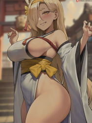 Rule 34 | 1girl, animal ears, blonde hair, blue archive, blurry, blurry background, blush, breasts, commentary, cowboy shot, detached sleeves, from side, grin, hair ornament, hairband, hands up, highres, japanese clothes, kaho (blue archive), large breasts, long hair, looking at viewer, mole, mole under mouth, no bra, no panties, obi, outdoors, patreon logo, patreon username, pelvic curtain, sash, shexyo, sideboob, skindentation, smile, solo, stairs, tassel, tassel hair ornament, thick eyebrows, thighs, very long hair, watermark, web address, wide sleeves, yellow eyes, yellow hairband, yellow sash