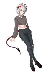 Rule 34 | 1girl, absurdres, arknights, black footwear, black pants, black sweater, breasts, brown eyes, collared shirt, crop top, cropped sweater, dress shirt, full body, grey hair, hair between eyes, highres, long sleeves, looking at viewer, medium breasts, midriff, nail polish, navel, pants, puffy long sleeves, puffy sleeves, red nails, shirt, shoes, simple background, sleeves past wrists, smile, solo, sweater, tail, torn clothes, torn pants, w (arknights), white background, white shirt, xiaobei