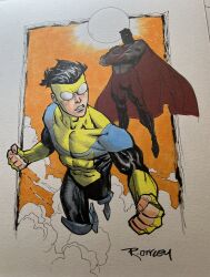 Rule 34 | black hair, bodysuit, boots, cape, clenched hands, commentary, commission, covered abs, crossed arms, english commentary, father and son, fingerless gloves, gloves, highres, invincible (character), invincible (series), knee boots, mark grayson, marker (medium), nolan grayson, omni-man, photo (medium), red cape, ryan ottley, serious, shaded face, sun, traditional media