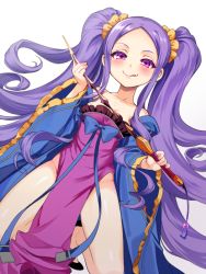 Rule 34 | 1girl, blue bow, blush, bow, breasts, chinese clothes, cleavage, fate/grand order, fate (series), hair ornament, hair scrunchie, hakka (88hk88), licking lips, long hair, purple eyes, purple hair, scrunchie, sidelocks, simple background, smile, solo, tongue, tongue out, twintails, very long hair, white background, wu zetian (fate), wu zetian (first ascension) (fate), yellow scrunchie