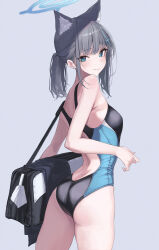 Rule 34 | 1girl, animal ears, backless swimsuit, black bag, black one-piece swimsuit, blue archive, blue eyes, blue halo, breasts, closed mouth, commentary request, competition swimsuit, cowboy shot, cross hair ornament, from behind, grey background, grey hair, hair ornament, halo, highres, long hair, looking at viewer, looking back, mismatched pupils, official alternate costume, one-piece swimsuit, ponytail, shiroko (blue archive), shiroko (swimsuit) (blue archive), simple background, small breasts, solo, standing, swimsuit, tooyon, wolf ears