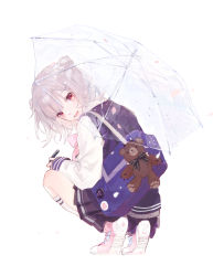 Rule 34 | 1girl, absurdres, arumao, ascot, badge, bag, blazer, blue jacket, blue skirt, bow, bowtie, cevio, commentary, double bun, from behind, grey hair, hair bun, highres, holding, holding umbrella, horns, jacket, kneehighs, koharu rikka, lakiston, logo, looking at viewer, looking back, miniskirt, open mouth, pink bow, pink bowtie, pink footwear, pleated skirt, shoes, short hair, shoulder bag, skirt, smile, sneakers, socks, solo, squatting, stuffed animal, stuffed toy, synthesizer v, teddy bear, transparent, transparent umbrella, umbrella, white socks