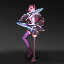 Rule 34 | 1girl, absurdres, bare shoulders, battle academia katarina, blue eyes, boots, breasts, dual wielding, hair over one eye, high heel boots, high heels, highres, holding, katarina (league of legends), large breasts, league of legends, long hair, pink hair, sword, thighhighs, weapon