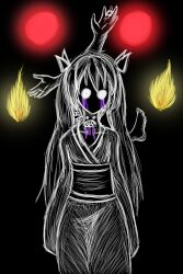 Rule 34 | 1girl, black background, blood, bloody tears, commentary request, cowboy shot, extra arms, extra legs, extra mouth, fireball, glowing, hair ribbon, hatsune miku, highres, japanese clothes, kimono, long hair, long sleeves, obi, oni to kitsune no hanashi, onibi (vocaloid), orb, purple blood, ribbon, right-over-left kimono, sash, solo, tagme, tina-peaches, twintails, vocaloid