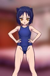 Rule 34 | 1girl, animal ears, arcana heart, artist request, black hair, blush, breasts, daidouji kira, female focus, highres, looking at viewer, one-piece swimsuit, school swimsuit, shiny skin, short hair, simple background, small breasts, solo, swimsuit, thighs, yellow eyes