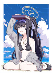 Rule 34 | 1girl, bags under eyes, bandaid, bandaid on foot, beach, bikini, black bikini, blue archive, blue hairband, blue ribbon, blue sky, book, cardigan, cloud, collarbone, commentary request, crossed bangs, grey cardigan, hair between eyes, hair ribbon, hairband, halo, high ponytail, highres, holding, holding book, jewelry, jitome, long hair, long sleeves, necklace, nichaku, o-ring, o-ring bikini, o-ring top, ocean, off shoulder, official alternate costume, open mouth, ponytail, ribbon, sand, sandals, shading eyes, sidelocks, sitting, sky, solo, sweat, swimsuit, ui (blue archive), ui (swimsuit) (blue archive), very long hair, wariza, water