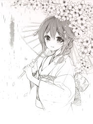 Rule 34 | 10s, 1girl, bad id, bad pixiv id, black hair, braid, check translation, flower, greyscale, hair ornament, hair over shoulder, japanese clothes, kantai collection, looking at viewer, monochrome, oil-paper umbrella, open mouth, petals, rain, sakiyo cake, shigure (kancolle), single braid, smile, solo, tears, translation request, umbrella