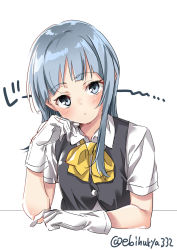 Rule 34 | 1girl, ascot, black vest, blue eyes, blue hair, blush, closed mouth, ebifurya, gloves, hatsukaze (kancolle), head rest, highres, kantai collection, long sleeves, looking at viewer, school uniform, shirt, short sleeves, simple background, solo, twitter username, vest, white background, white gloves, white shirt, yellow ascot