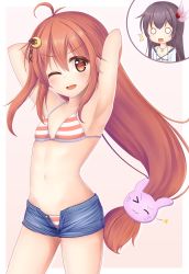 Rule 34 | &gt; &lt;, 0 0, 2girls, ;d, ahoge, alternate costume, armpits, arms behind head, arms up, bikini, breasts, commentary request, crescent, crescent hair ornament, fang, hair between eyes, hair ornament, highres, kantai collection, long hair, low-tied long hair, minakami mimimi, multiple girls, navel, one eye closed, open mouth, short shorts, shorts, small breasts, smile, striped bikini, striped clothes, swimsuit, uzuki (kancolle), very long hair