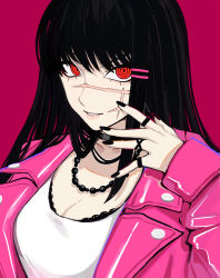 1girl aegyo_sal bead_necklace beads black_choker black_hair black_nails chainsaw_man choker hair_ornament hairpin hand_up highres jacket jewelry leather leather_jacket looking_at_viewer multiple_rings nail_polish necklace pink_jacket red_background red_eyes ring ringed_eyes sailen0 shirt smile solo white_shirt yoru_(chainsaw_man)