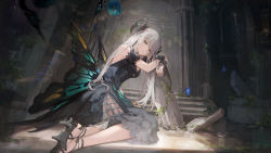 Rule 34 | 1girl, absurdres, black dress, black footwear, blurry, blurry foreground, brown eyes, bug, butterfly, butterfly wings, closed mouth, dress, hair between eyes, high heels, highres, indoors, insect, insect wings, kneeling, layered dress, liv: empyrea (dreamcatcher) (punishing: gray raven), liv: empyrea (punishing: gray raven), liv (punishing: gray raven), long hair, mada (shizhou), punishing: gray raven, ruins, solo, white hair, wings