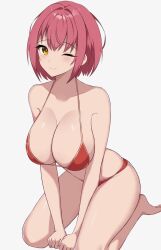 Rule 34 | 1girl, bikini, breasts, cleavage, collarbone, commentary, english commentary, grey background, hololive, houshou marine, houshou marine (summer), kneeling, large breasts, looking at viewer, one eye closed, red bikini, red hair, shadow, short hair, smile, solo, swimsuit, virtual youtuber, yellow eyes, zeropen