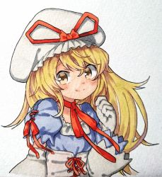 Rule 34 | 1girl, bad id, bad twitter id, blonde hair, choker, dress, gloves, hat, hat ribbon, highres, long hair, looking at viewer, puffy short sleeves, puffy sleeves, red ribbon, ribbon, ribbon choker, sasa kichi, scan, short sleeves, smile, solo, touhou, traditional media, upper body, white gloves, white hat, yakumo yukari