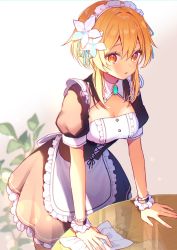 Rule 34 | 1girl, blonde hair, blush, breasts, bug, chiroron, dress, firefly, flower, genshin impact, hair between eyes, hair flower, hair ornament, headband, highres, insect, jewelry, leaf, looking at viewer, lumine (genshin impact), maid, medium breasts, short hair, simple background, table, towel, wiping, wiping table, wireless, yellow eyes