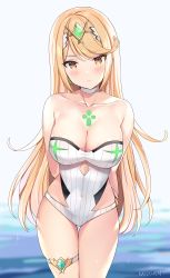 Rule 34 | 1girl, absurdres, arms behind back, artist name, bare shoulders, blonde hair, blush, breasts, chest jewel, choker, cleavage, collarbone, commentary request, covered navel, gem, highres, kaetzchen, large breasts, long hair, looking at viewer, mythra (radiant beach) (xenoblade), mythra (xenoblade), nintendo, one-piece swimsuit, sidelocks, signature, solo, swept bangs, swimsuit, thigh strap, thighs, tiara, white one-piece swimsuit, xenoblade chronicles (series), xenoblade chronicles 2, yellow eyes