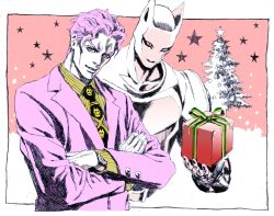 Rule 34 | 1boy, border, box, christmas tree, crossed arms, crosshatching, formal, gift, gift box, graphite (medium), hatching (texture), highres, holding, house, jojo no kimyou na bouken, killer queen, kira yoshikage, male focus, mixed media, necktie, nobita (makoto7060355), outside border, pink eyes, pink hair, shirt, smile, stand (jojo), star (symbol), striped clothes, striped shirt, suit, traditional media, upper body, vertical-striped clothes, vertical-striped shirt