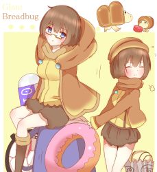 Rule 34 | 2girls, blue eyes, blush, breadbug, breasts, brown hair, brown sweater, closed mouth, coffee mug, compass, cup, doughnut, english text, eraser, closed eyes, flying sweatdrops, food, giant breadbug, glasses, highres, legs, looking at viewer, mug, multiple girls, non (wednesday-classic), open mouth, personification, pikmin (series), pikmin 2, pulling, sitting, small breasts, sweater, sweets