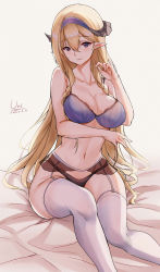 Rule 34 | 1girl, absurdres, arknights, artist name, bare arms, bare shoulders, bed sheet, black panties, blonde hair, blue bra, blue hairband, bra, braid, breasts, cleavage, closed mouth, collarbone, dated, dragon horns, feet out of frame, garter belt, hairband, highres, horns, large breasts, long hair, looking at viewer, mismatched underwear, navel, panties, pointy ears, purple eyes, saileach (arknights), signature, simple background, sitting, smile, solo, thighhighs, twin braids, underwear, underwear only, unique (pixiv12704744), very long hair, white background, white thighhighs