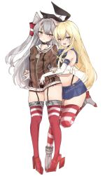 Rule 34 | 2girls, amatsukaze (kancolle), black hairband, black neckerchief, black panties, blonde hair, blue sailor collar, blue skirt, brown dress, chigasaki yukari, commentary request, crop top, dress, elbow gloves, full body, garter straps, gloves, grey eyes, grey neckerchief, hair tubes, hairband, highleg, highleg panties, highres, kantai collection, long hair, looking at viewer, microskirt, miniskirt, multiple girls, neckerchief, panties, pleated skirt, red thighhighs, rudder footwear, sailor collar, sailor dress, see-through, see-through dress, shimakaze (kancolle), short dress, simple background, skirt, smokestack hair ornament, striped clothes, striped thighhighs, thighhighs, two side up, underwear, white background, white gloves, white hair, white sailor collar