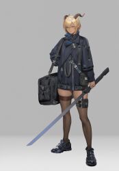 Rule 34 | 1girl, bag, black footwear, black jacket, blue eyes, brown thighhighs, dark skin, duffel bag, earclip, full body, grey background, highres, holding, holding sword, holding weapon, horns, jacket, looking at viewer, ohayosayonara, original, pointy ears, pouch, shoes, short hair, simple background, solo, standing, sword, thigh strap, thighhighs, weapon, zipper