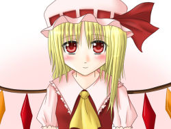 Rule 34 | 1girl, blonde hair, blush, collared shirt, dotera, embodiment of scarlet devil, female focus, flandre scarlet, gradient background, hanazome dotera, hat, mob cap, red eyes, shirt, side ponytail, solo, touhou, wings
