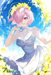 Rule 34 | 1girl, absurdres, alternate costume, arrow (tamawo222), blue sky, blush, breasts, day, dress, fate/grand order, fate (series), field, flower, flower field, hair over one eye, head wreath, highres, light purple hair, looking at viewer, mash kyrielight, medium breasts, open mouth, petals, purple eyes, see-through, short hair, sky, smile, solo, sunlight, white dress