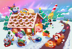 Rule 34 | animal costume, aurora, bandana waddle dee, bat wings, candy, candy cane, chilly (kirby), christmas, christmas tree, daroach, food, fork, gift, gingerbread house, gooey (kirby), hat, highres, king dedede, kirby, kirby (series), magolor, marx (kirby), mell0w0dyssey, meta knight, nintendo, processormalfunction, reindeer costume, santa costume, sled, smile, snowman, squeak (kirby), taranza, top hat, ufo (kirby), waddle dee, waddle doo, wings