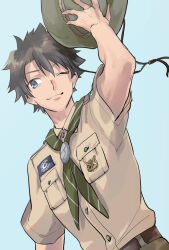 Rule 34 | 1boy, black hair, blue eyes, boy scout, chaldea logo, fate/grand order, fate (series), fujimaru ritsuka (male), fujimaru ritsuka (male) (chaldea pathfinder), green neckerchief, hat, holding, holding clothes, holding hat, male focus, metarogu, neckerchief, official alternate costume, one eye closed, scout uniform, shirt, short hair, short sleeves, smile, striped neckerchief, swimsuit
