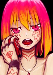 Rule 34 | 1girl, eating, female focus, food, fruit, gradient hair, highres, jewelry, multicolored hair, necklace, open mouth, original, pomegranate, samael (5211), slit pupils, solo, tattoo, wrist cuffs