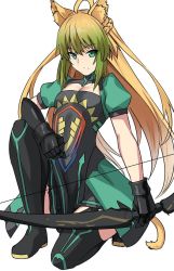 Rule 34 | 1girl, animal ears, atalanta (fate), black footwear, blonde hair, boots, bow (weapon), braid, cat ears, cat tail, cleavage cutout, closed mouth, clothing cutout, fate/grand order, fate (series), flat chest, french braid, gauntlets, gradient hair, green eyes, green hair, holding, holding bow (weapon), holding weapon, long hair, looking at viewer, multicolored hair, on one knee, puffy short sleeves, puffy sleeves, shiseki hirame, short sleeves, simple background, solo, tail, thigh boots, thighhighs, weapon, white background