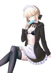 Rule 34 | absurdres, apron, artoria pendragon (all), artoria pendragon (alter swimsuit rider) (second ascension) (fate), artoria pendragon (fate), black bra, black jacket, black ribbon, black thighhighs, blonde hair, bra, breasts, brown skirt, choker, cleavage, crossed legs, fate/stay night, fate (series), food, frilled apron, frilled bra, frilled skirt, frills, hair between eyes, hair ribbon, highres, holding, holding food, ice cream, invisible chair, jacket, looking at viewer, maid, maid headdress, miniskirt, mishiro (ixtlolton), open clothes, open jacket, ribbon, saber alter, short hair, simple background, sitting, skirt, small breasts, solo, thighhighs, underwear, unzipped, white apron, white background, yellow eyes
