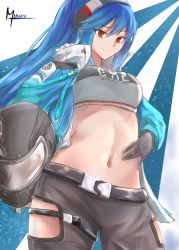 Rule 34 | 1girl, ai-bon, artist name, azur lane, belt, black gloves, black pants, blue hair, blue jacket, breasts, closed mouth, essex (a trip down route 66) (azur lane), essex (azur lane), feet out of frame, from above, gloves, grey tank top, hairband, hand on own stomach, helmet, highres, holding, holding helmet, jacket, long hair, looking at viewer, medium breasts, motorcycle helmet, navel, official alternate costume, open clothes, open jacket, pants, ponytail, red eyes, smile, solo, tank top