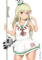 Rule 34 | &gt;:), 1girl, blonde hair, blush, bow, closed mouth, clothes writing, collarbone, cowboy shot, dress, driftkingtw, grecale (kancolle), green eyes, hair between eyes, hair bow, kantai collection, long hair, machinery, neckerchief, pink bow, rigging, sailor collar, sailor dress, sleeveless, sleeveless dress, smile, solo, turret, twitter username, v-shaped eyebrows, white dress, white sailor collar