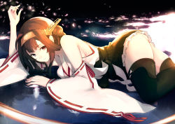 Rule 34 | 10s, 1girl, ahoge, ass, bare shoulders, black footwear, black thighhighs, boots, brown eyes, brown hair, detached sleeves, double bun, hair bun, hairband, headgear, japanese clothes, kantai collection, kongou (kancolle), long hair, looking at viewer, lying, mille (dieci), nontraditional miko, on floor, parted lips, petals, ribbon-trimmed sleeves, ribbon trim, skirt, solo, thigh boots, thighhighs