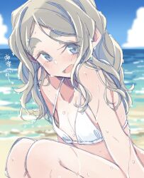 1girl areola_slip beach bikini blue_eyes blurry blush breasts chibikko_(morihito) collarbone day depth_of_field light_brown_hair long_hair looking_at_viewer morihito open_mouth original outdoors sitting sketch small_breasts smile solo squatting swimsuit thick_eyebrows thick_eyelashes twitter_username upper_body wavy_hair wet white_bikini