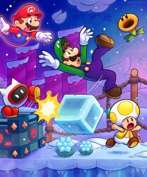 Rule 34 | blue flower, blue overalls, boots, brothers, brown footwear, brown hair, clenched hands, facial hair, flower, gloves, green headwear, green shirt, hat, highres, ice, ice cube, luigi, mario, mario (series), mustache, nintendo, open mouth, outmaway (mario), overalls, red footwear, red headwear, red shirt, shirt, short hair, siblings, snow, super mario bros. wonder, talking flower (mario), teeth, toad (mario), upper teeth only, vest, vinny (dingitydingus), white gloves, yellow toad (mario), yellow vest
