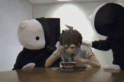Rule 34 | 1boy, 2others, ahoge, aji kosugi, bear head, black sweater, bowl, brown hair, collared shirt, commentary request, cosplay, danganronpa (series), danganronpa 2: goodbye despair, food, glasses, gloves, hand on another&#039;s shoulder, hinata hajime, holding, indoors, looking at another, male focus, monokuma, monokuma (cosplay), multiple others, noodles, oversized object, parody, ramen, shirt, short hair, short sleeves, sweat, sweater, table, white gloves, white shirt