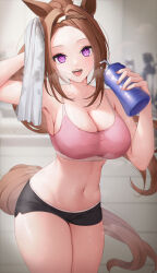 Rule 34 | 1girl, absurdres, animal ears, armpits, blurry, blurry background, bottle, breasts, bsmage, cleavage, cowboy, fingernails, gym shorts, highres, holding, holding bottle, holding towel, horse ears, horse girl, horse tail, large breasts, long hair, midriff, navel, open mouth, sakura bakushin o (umamusume), short shorts, shorts, solo, sports bra, steaming body, stomach, sweat, tail, towel, umamusume, water bottle, western