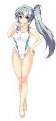 Rule 34 | 1girl, barefoot, blue eyes, blue hair, blush, breasts, character request, cleavage, collarbone, commentary request, competition swimsuit, full body, groin, highres, hizuki aki, large breasts, long hair, looking at viewer, one-piece swimsuit, original, side ponytail, simple background, smile, solo, standing, swimsuit, white background