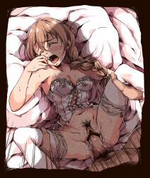 Rule 34 | 1boy, 1girl, 2tv-13101-00, baba konomi, bar censor, bed sheet, black border, blush, border, bottomless, braid, braided ponytail, breasts, brown hair, censored, closed eyes, female pubic hair, hair between eyes, hair flaps, hand on another&#039;s thigh, hetero, highres, holding another&#039;s leg, idolmaster, idolmaster million live!, lying, male pubic hair, medium breasts, missionary, navel, on back, on bed, open mouth, penis, pillow, pubic hair, pussy, sex, shadow, single braid, spread legs, thighhighs, vaginal, white thighhighs