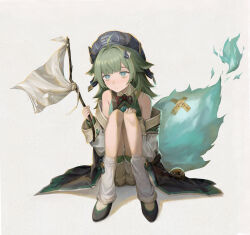 Rule 34 | 1girl, absurdres, black footwear, blue eyes, blue headwear, closed mouth, commentary, flag, full body, green hair, green jacket, green shirt, hair ornament, highres, holding, holding flag, honkai: star rail, honkai (series), huohuo (honkai: star rail), jacket, leg warmers, looking at viewer, off shoulder, shirt, simple background, sitting, sleeveless, sleeveless shirt, socks, solo, subfiction, tail, white background, white flag, white jacket, white socks
