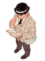 Rule 34 | 1boy, bag, black hair, book, brown coat, brown footwear, chengongzi123, closed eyes, closed mouth, coat, eating, food, full body, golden kamuy, highres, holding, holding book, holding food, long sleeves, male focus, pants, reading, shoes, short hair, shoulder bag, simple background, solo, standing, tsukishima hajime, very short hair, white background