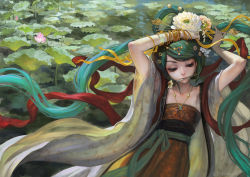Rule 34 | 1girl, aqua eyes, aqua hair, arms up, chinese clothes, collarbone, dress, flower, hair flower, hair ornament, hair rings, hair stick, hatsune miku, jewelry, long hair, looking down, lots of jewelry, lotus, mouth hold, necklace, solo, twintails, very long hair, vocaloid, wide sleeves, xiaji