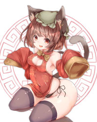 Rule 34 | 1girl, absurdres, animal ear fluff, animal ears, armpits, arms up, black panties, black thighhighs, breasts, brown eyes, brown hair, cat ears, chen, china dress, chinese clothes, cleavage, cleavage cutout, clothes lift, clothing cutout, covered navel, detached sleeves, dress, dress lift, earrings, highres, jewelry, kneeling, open mouth, panties, red dress, short hair, side-tie panties, single earring, sleeping ear, sleeves past wrists, small breasts, smile, solo, thick thighs, thighhighs, thighs, touhou, underwear