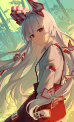 Rule 34 | 1girl, bamboo, bow, closed mouth, collared shirt, fujiwara no mokou, hair bow, highres, jill 07km, long hair, long sleeves, looking at viewer, multiple hair bows, ofuda, ofuda on clothes, pants, red eyes, red pants, shirt, smile, solo, suspenders, touhou, white bow, white hair, white shirt