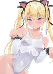 Rule 34 | 1girl, animal ears, black ribbon, blonde hair, blue eyes, blush, breasts, cat ears, dead or alive, dead or alive 5, detached sleeves, hair ribbon, hairband, highres, looking at viewer, marie rose, paw pose, ribbon, sak1023, see-through silhouette, shiny skin, simple background, solo, swimsuit, white background