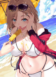 Rule 34 | 1girl, :p, absurdres, aoi (buzhuen444), bare shoulders, beach, beach umbrella, bikini, blue eyes, blue nails, blush, breasts, brown hair, cleavage, cloud, cloudy sky, collarbone, day, earrings, eyes visible through hair, eyewear on head, feeding, food, food on body, food on breasts, tucking hair, highres, holding, holding food, horizon, jacket, jewelry, large breasts, long hair, long sleeves, looking at viewer, melting, nail polish, navel, o-ring, o-ring bikini, ocean, off shoulder, open clothes, open jacket, open mouth, original, popsicle, red jacket, ring, sky, solo focus, stomach, sunglasses, swimsuit, tongue, tongue out, umbrella, water, white bikini