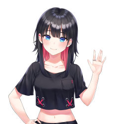 Rule 34 | 1girl, bad id, bad twitter id, black hair, black shirt, blue eyes, breast pocket, breasts, closed mouth, collarbone, colored inner hair, crop top, crop top overhang, ear piercing, hand on own hip, hand up, highres, long hair, looking at viewer, medium breasts, midriff, multicolored hair, navel, original, piercing, pocket, shirt, short sleeves, simple background, smile, solo, soyubee, stomach, two-tone hair, upper body, white background
